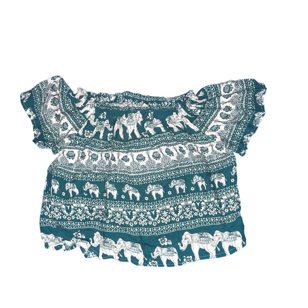 Kathmandu Imports Off Shoulder Top Women’s Small-Medium Elephant Print Blouse